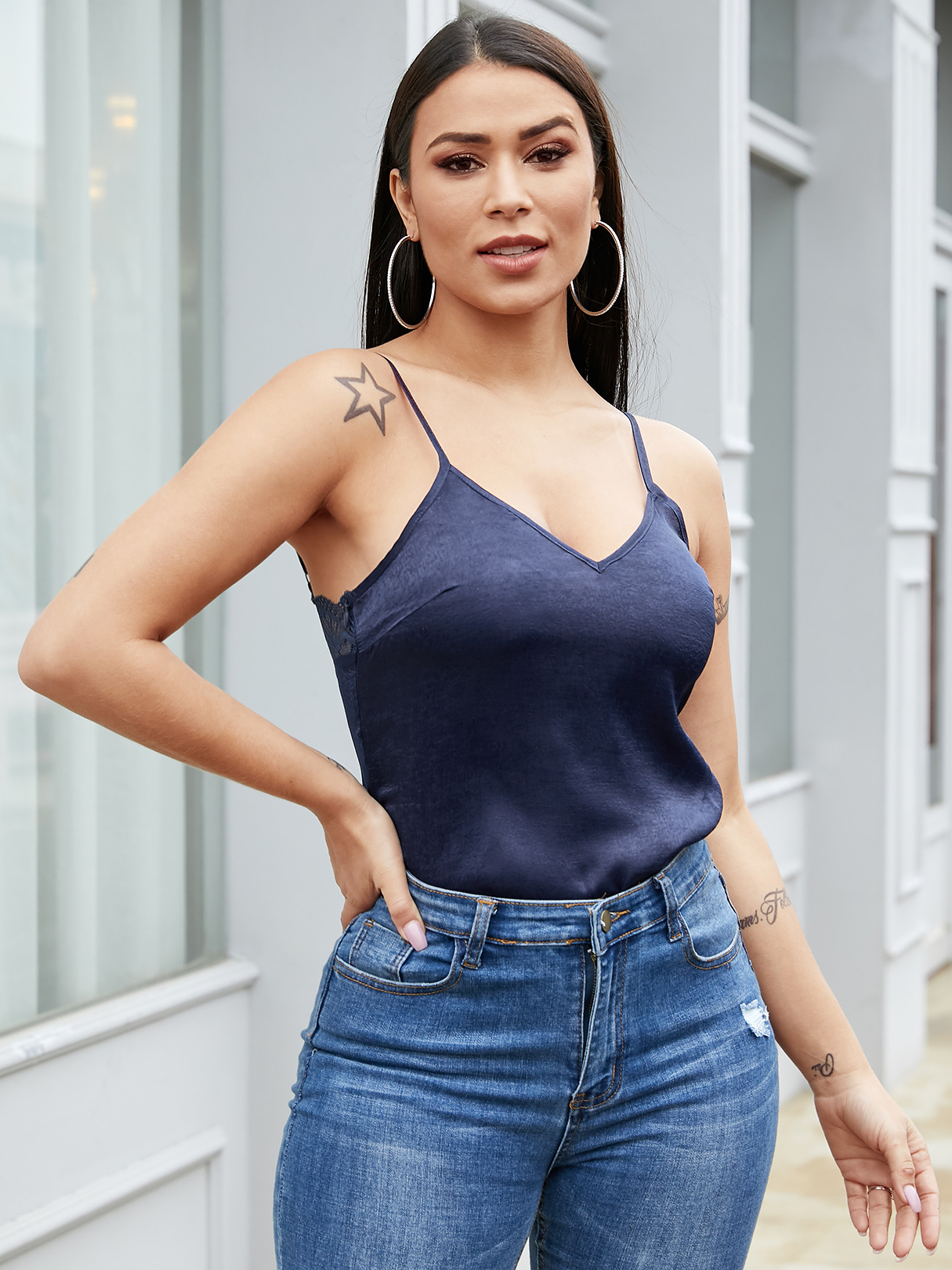 YOINS BASICS Blue Spaghetti Strap Plain V-neck Sleeveless Cami