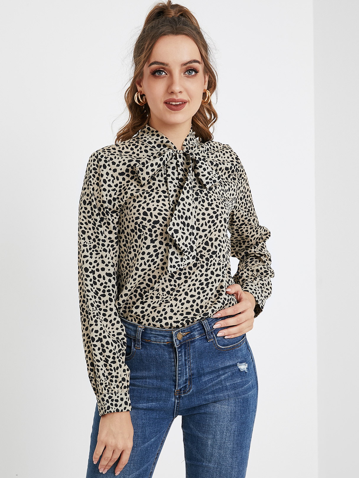 YOINS Camel Bowknot Leopard Round Neck Long Sleeves Blouse