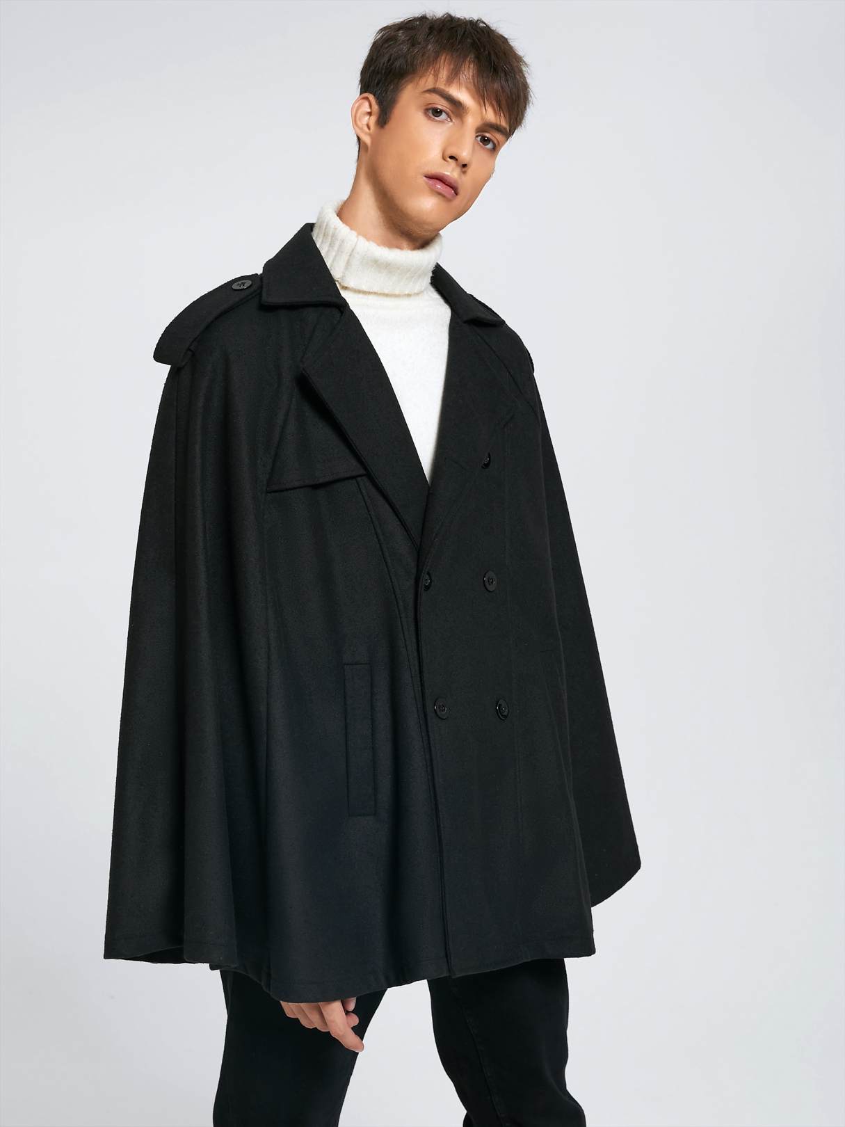 Men Casual Plain Button Pocket Cloak Cape Design Coat