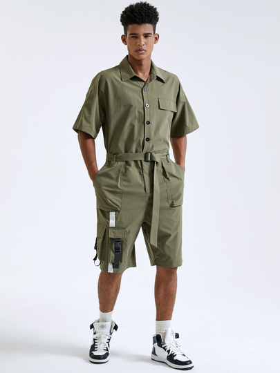 Men Casual Belt Design Multi-pocket One-piece Overalls Jumpsuit