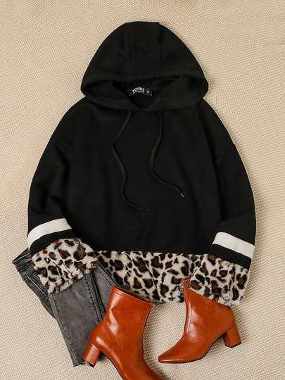 Color Block Black & Leopard Stripe Details Long Sleeves Hoodie