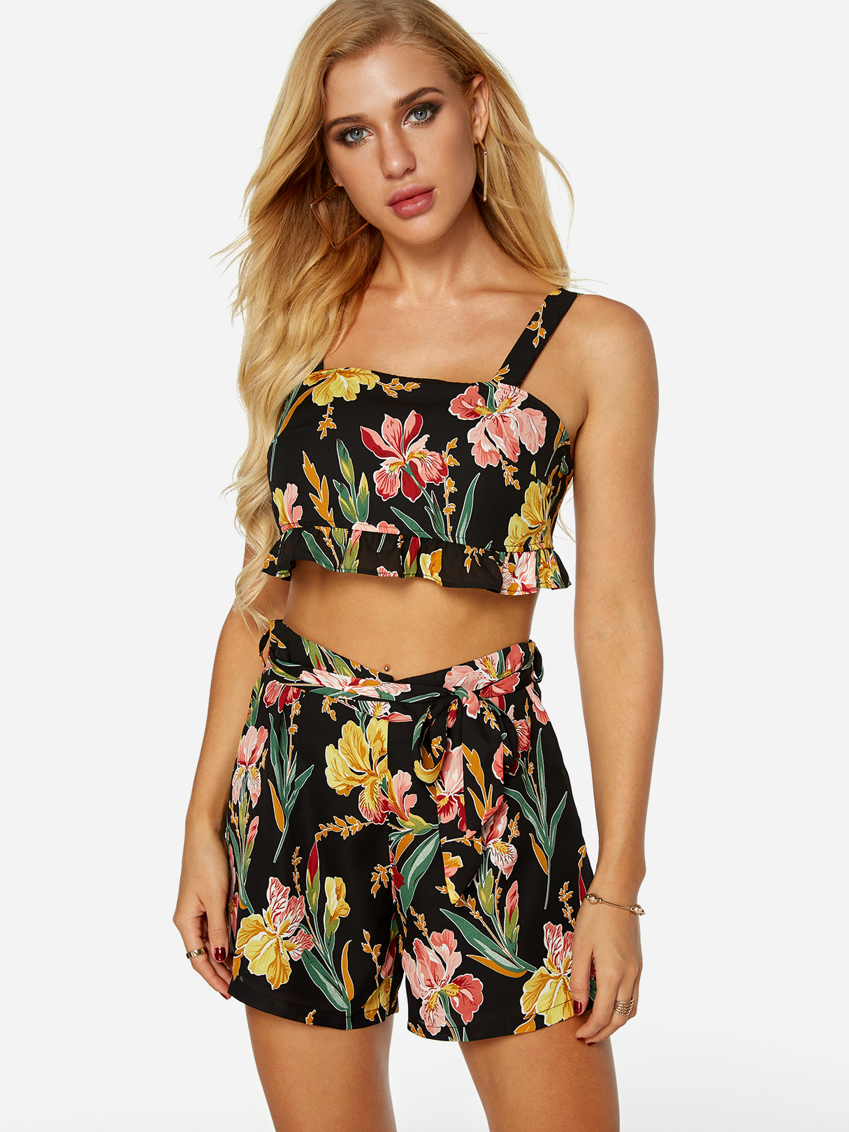 Black Self-tie Design Random Floral Print Square Neck Sleeveless Two Piece Outfits