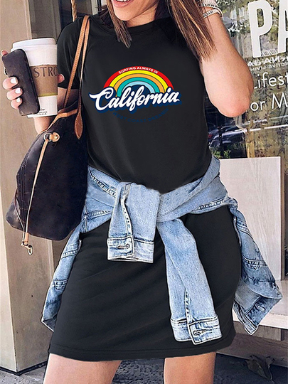 Casual Rainbow Letter Crew Neck Short Sleeves Dress