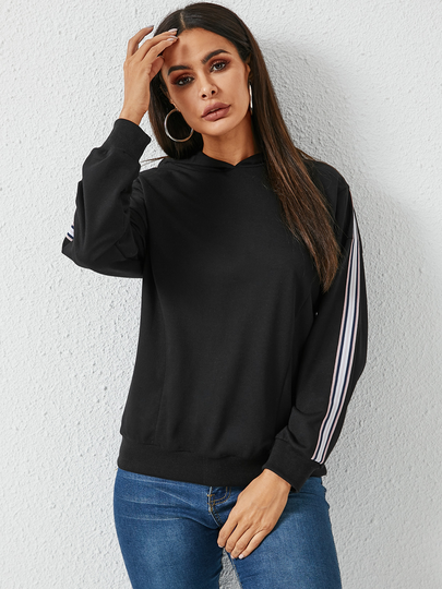 YOINS Black Hooded Design Striped Long Sleeves Hoodie