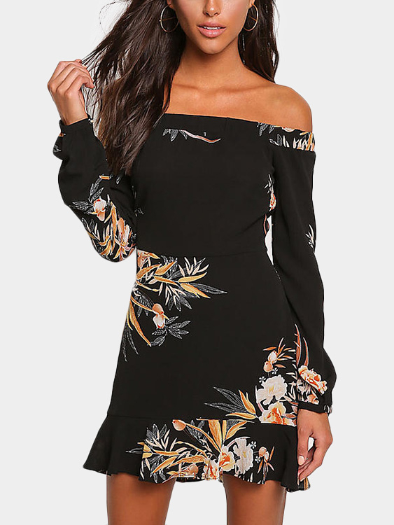 Black Random Floral Print Off The Shoulder Mini Dress