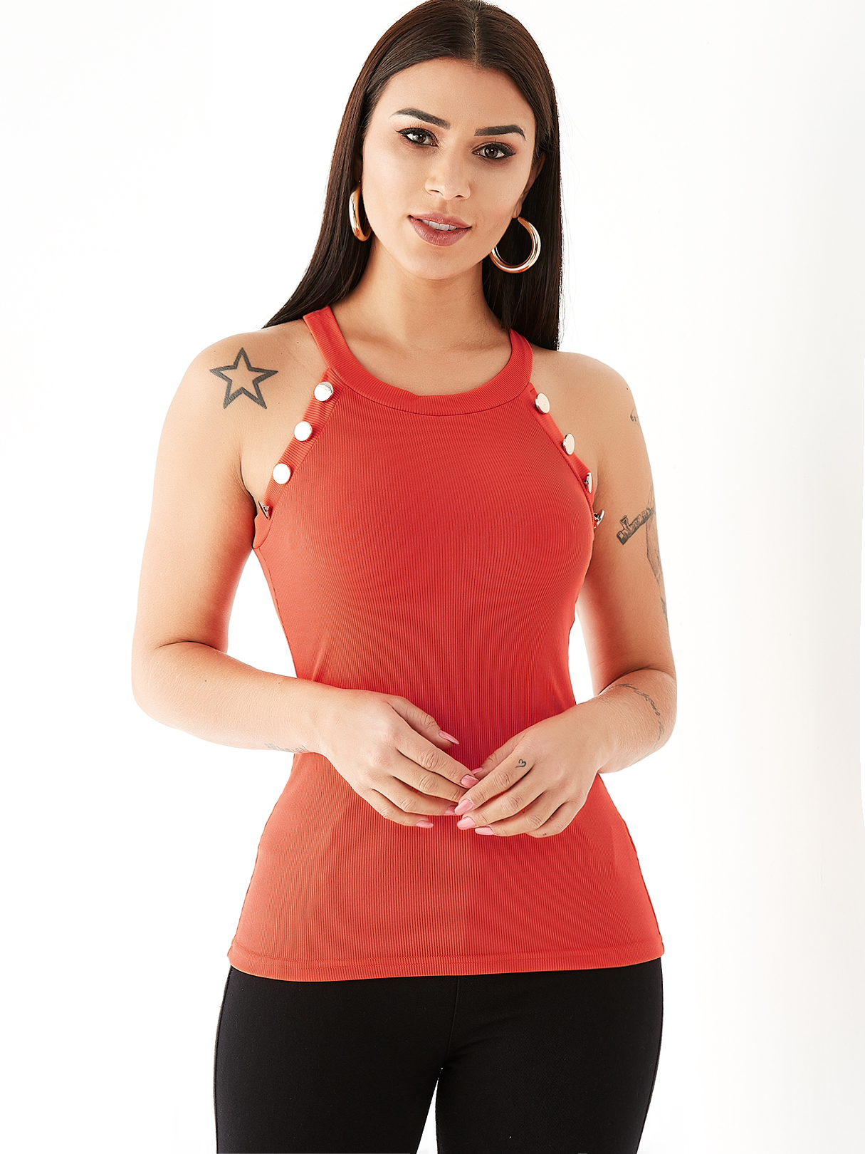 YOINS Orange Round Neck Button Knit Sleeveless Top