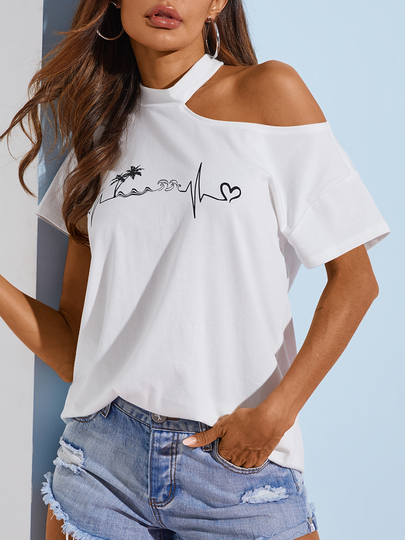 YOINS White Graphic Crew Neck Short Sleeves Tee