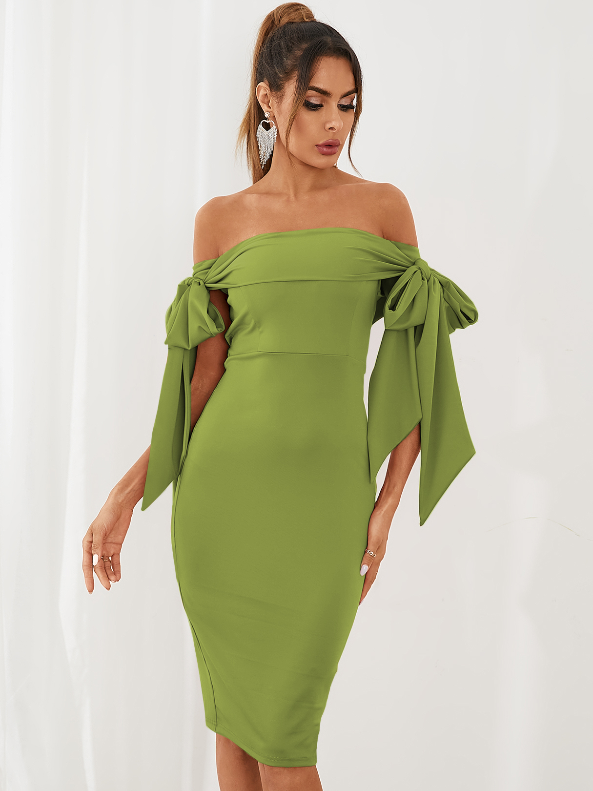 YOINS Off the shoulder Bowknot Tie-up at cuffs Mini Dress