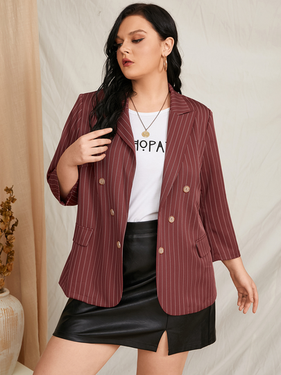 YOINS Plus Size Notch Collar Striped Button Design Pocket Blazer