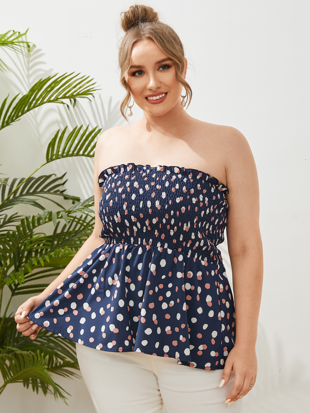 YOINS Plus Size Tube Top Spotted Shirring Sleeveless Cami