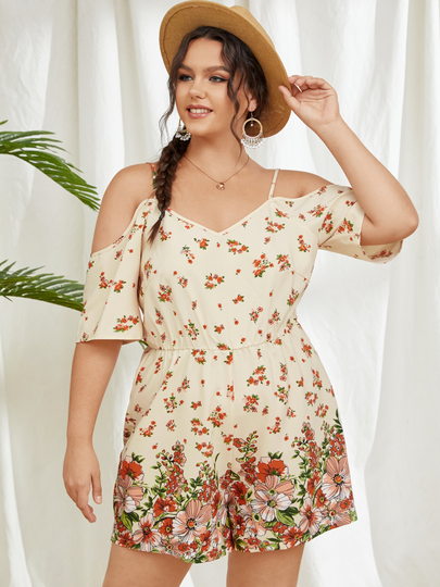 YOINS Plus Size Cold Shoulder Floral Print Backless Design Playsuit