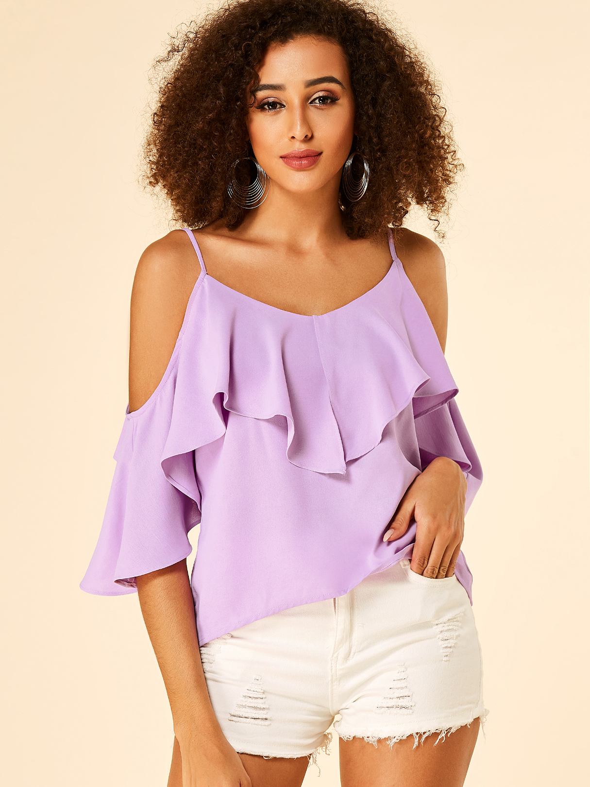 YOINS Purple Spaghetti Strap Cold Shoulder Ruffle Trim Blouse