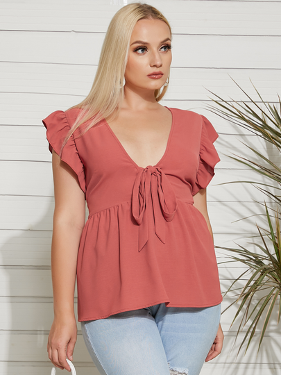 YOINS Plus Size Rust Deep V Neck Tie-up Design Short Sleeves Blouse