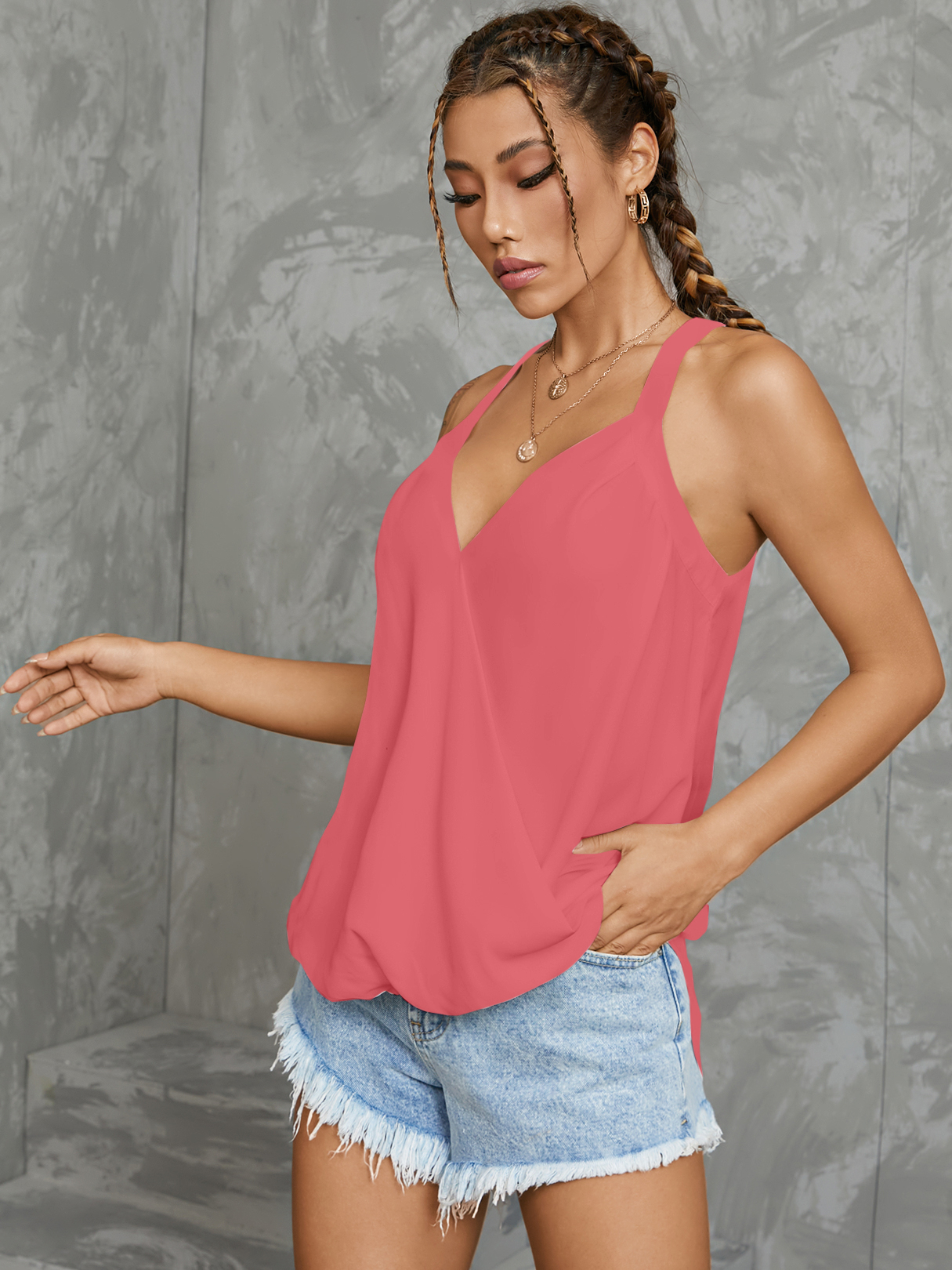 YOINS Red Halter V-neck Sleeveless Wrap Cami