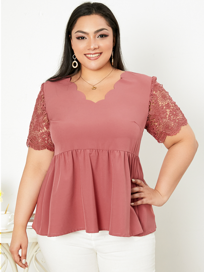 YOINS Plus Size V-neck Lace Scalloped Trim Short Sleeves Blouse