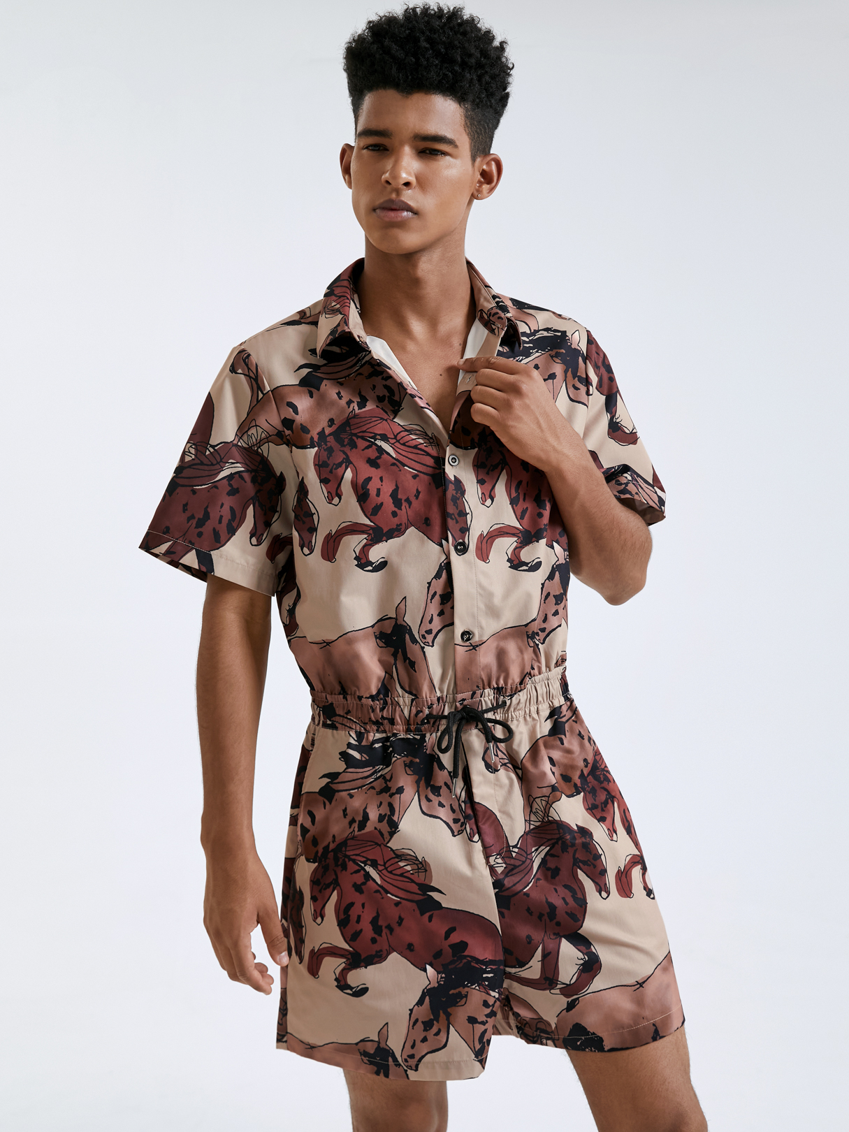 Men Animal All Over Print Button Design Short Sleeves Overalls Jumpsuit