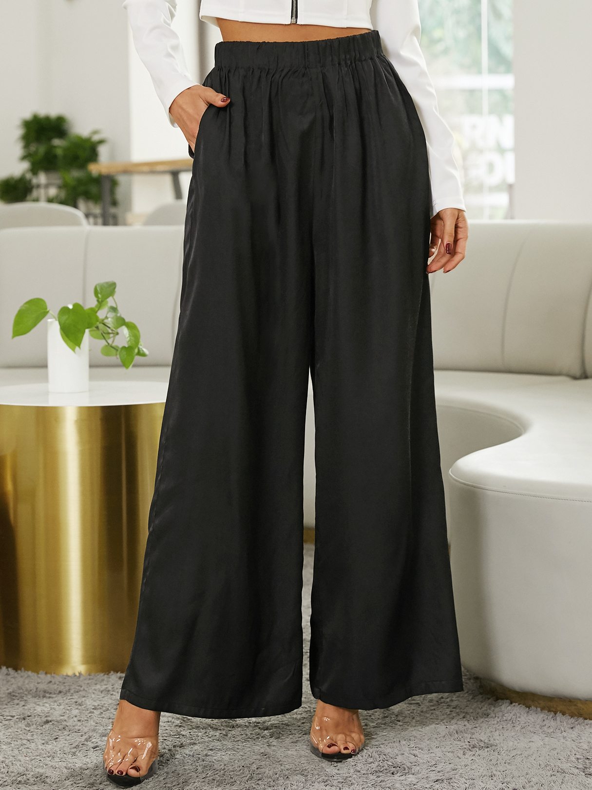 YOINS Black Wide leg Side Pockets Pants