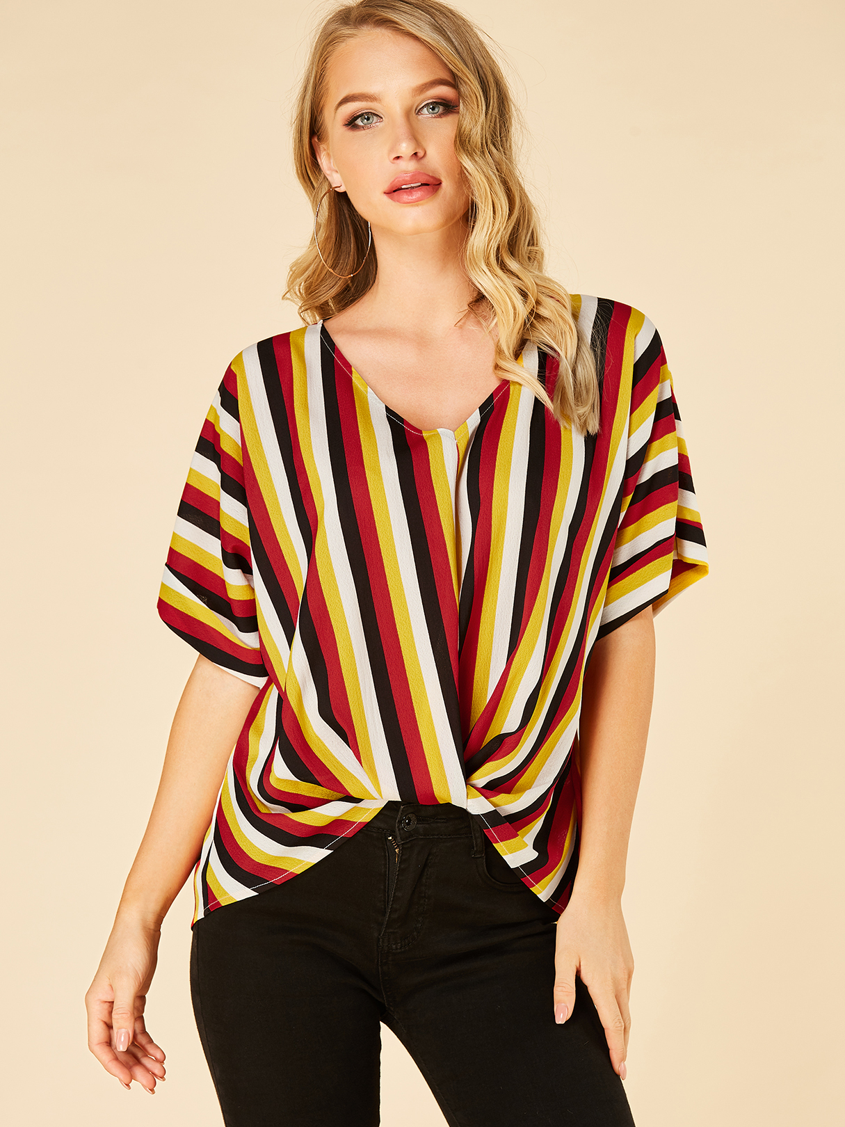 YOINS Multi Stripe V-neck Twist Half Sleeves Blouse