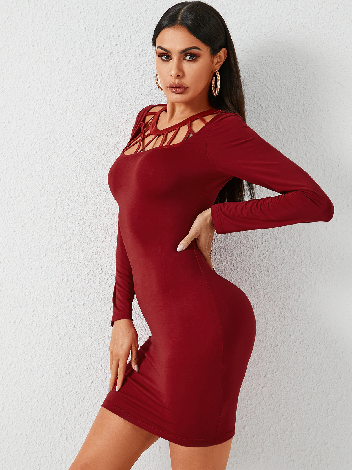 YOINS Red Hollow Design Round Neck Long Sleeves Dress