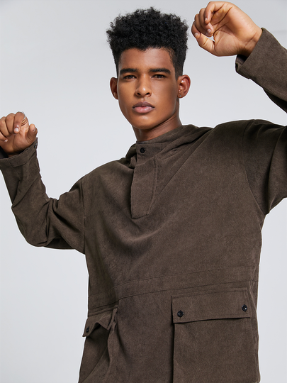 Men Hooded Plain Pocket Corduroy Hoodie