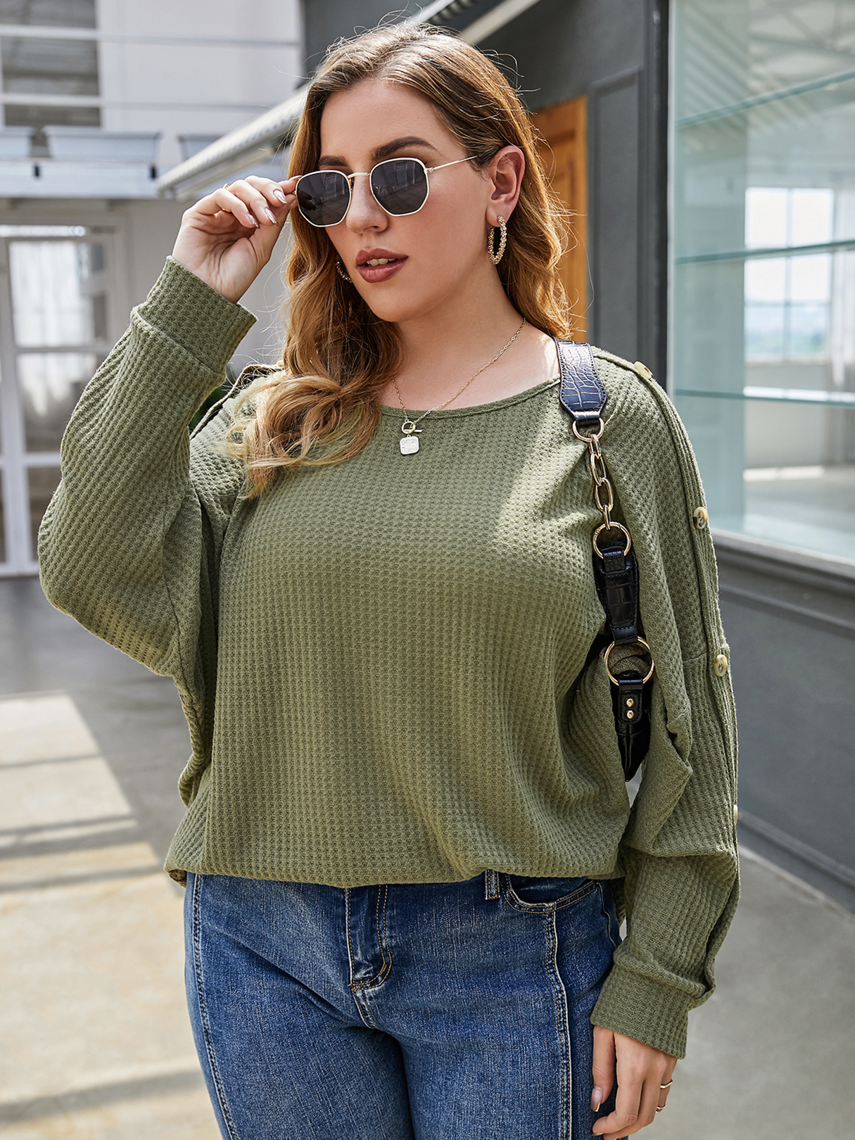 Plus Size Round Neck Button Design Long Sleeves Knitwear