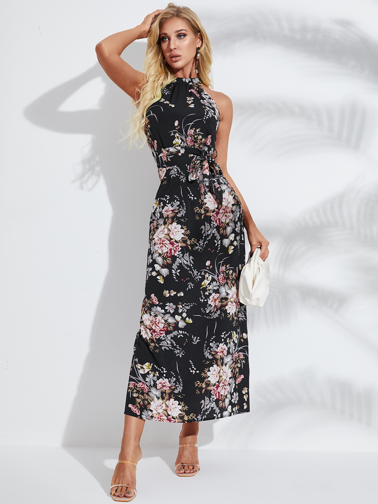 YOINS Black Floral Print Halter Sleeveless Dress
