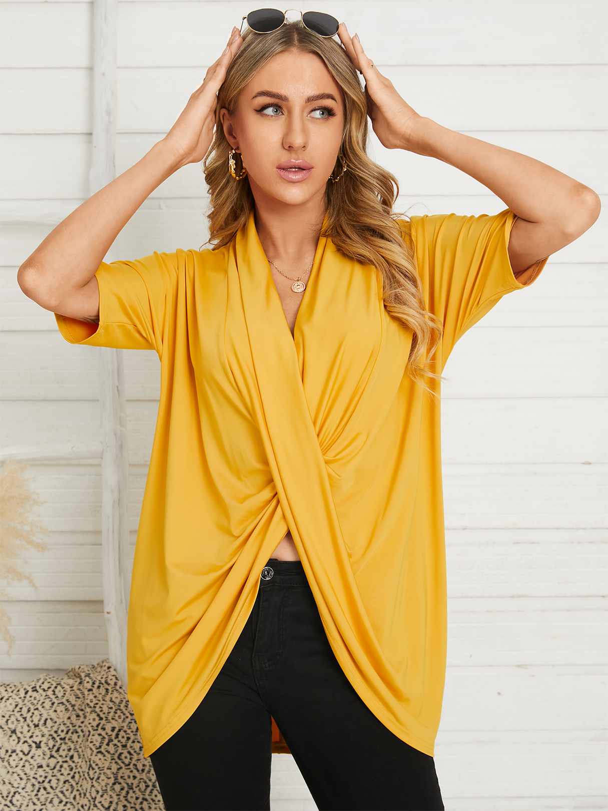 YOINS V-neck Crossed Front Design Short Sleeves Tee