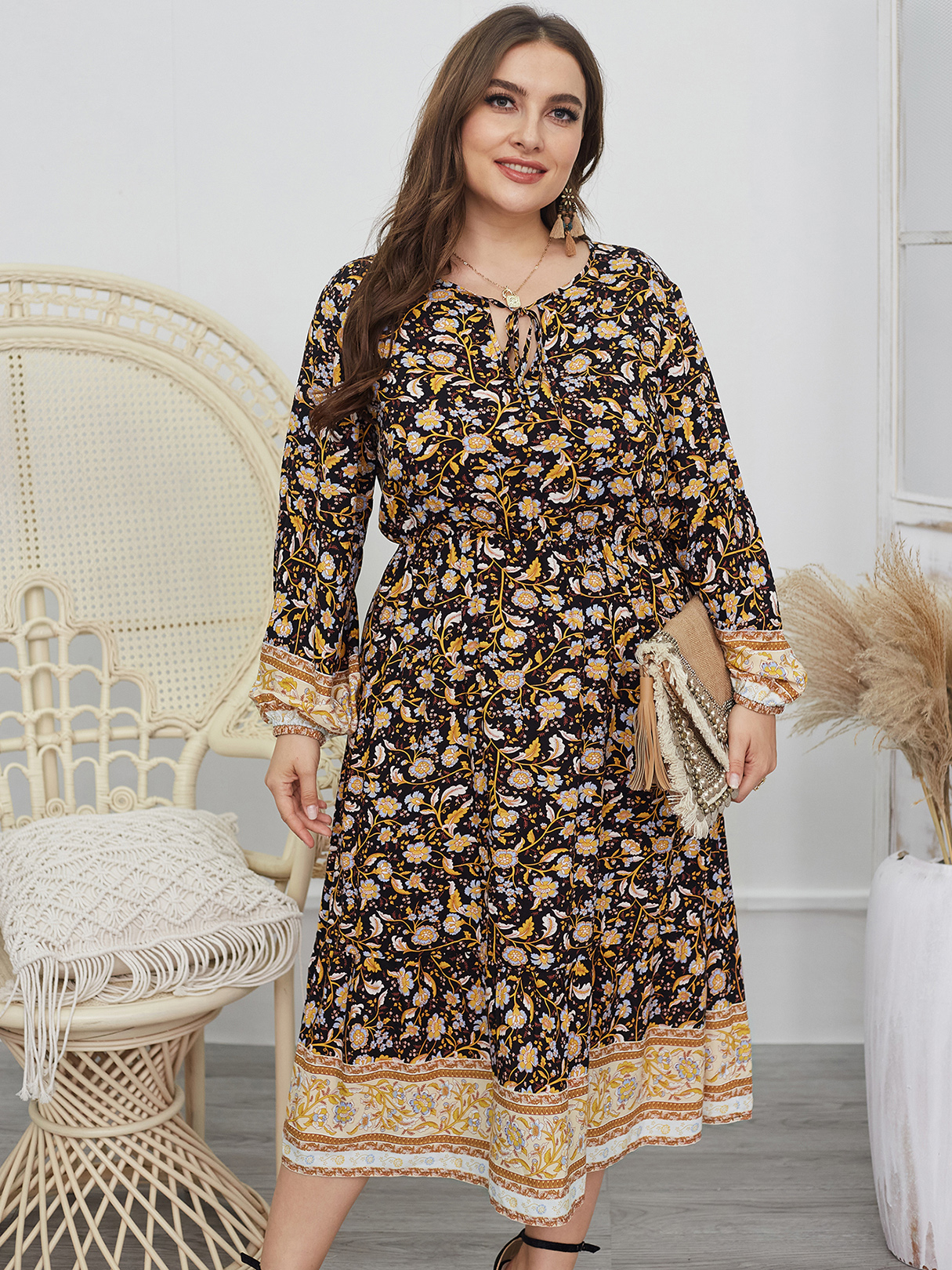 Plus Size Round Neck Tribal Tie-up Design Long Sleeves Midi Dress