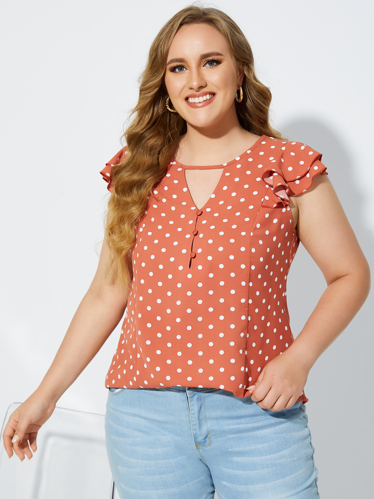 YOINS Plus Size Round Neck Polka Dot Front Button Cut Out Short Sleeves Blouse