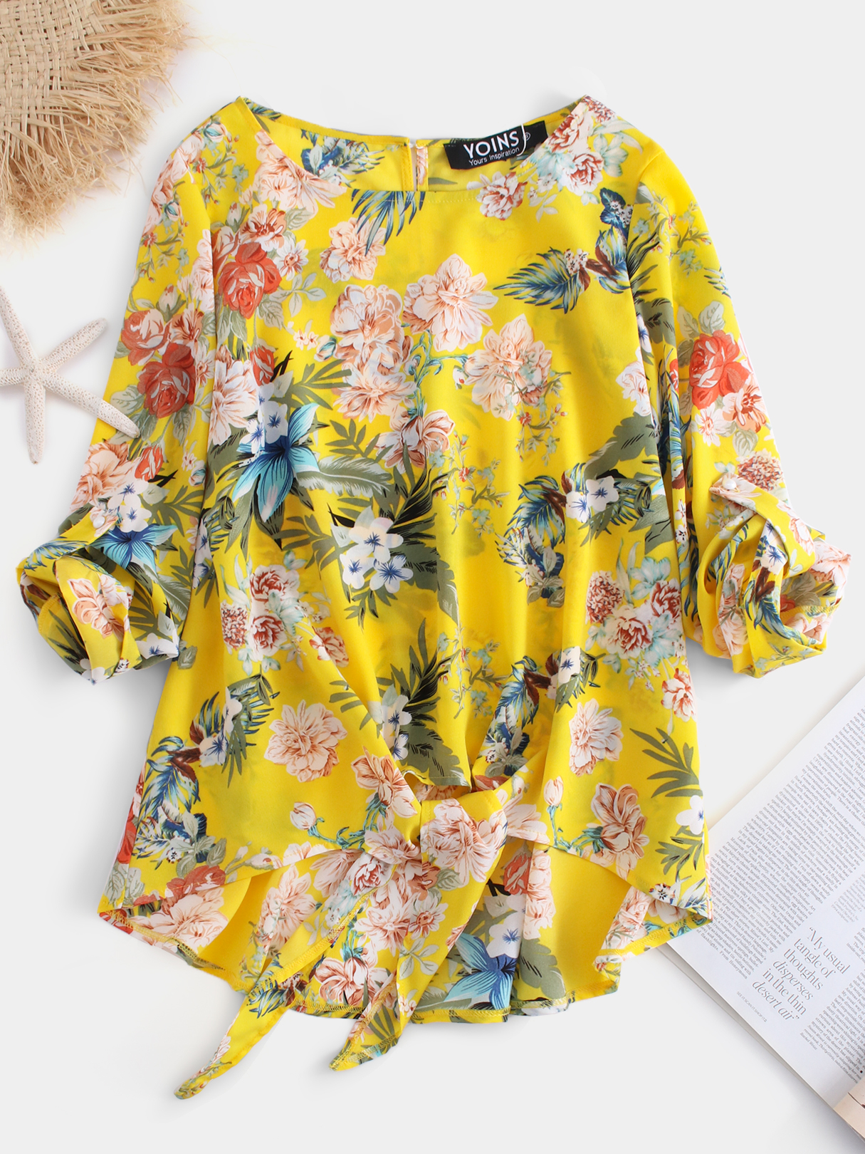 YOINS Yellow Kontted Adjustable Tropical Print Round Neck Blouse