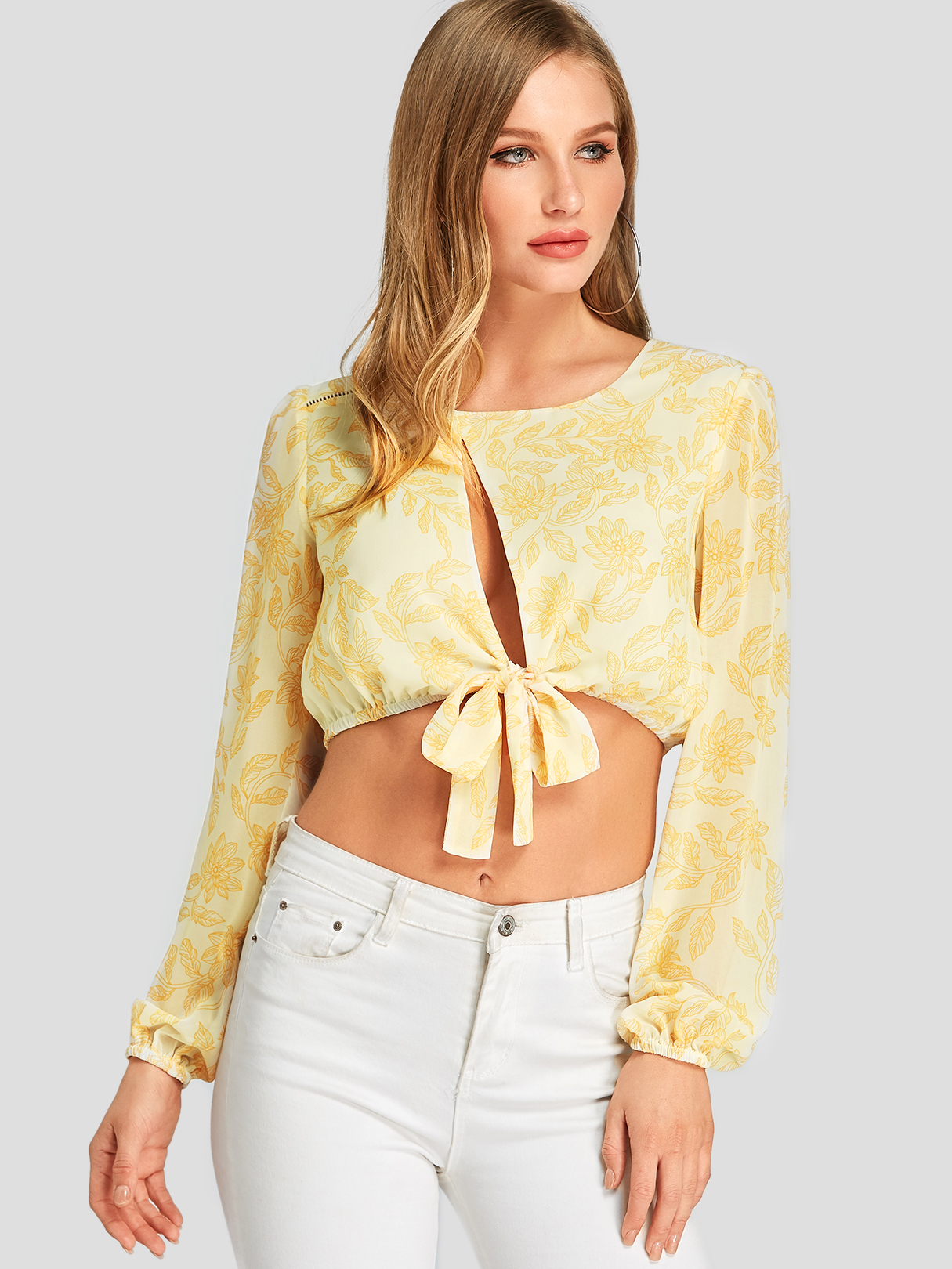 Yellow Cut Out Floral Print Knotted Crop Top