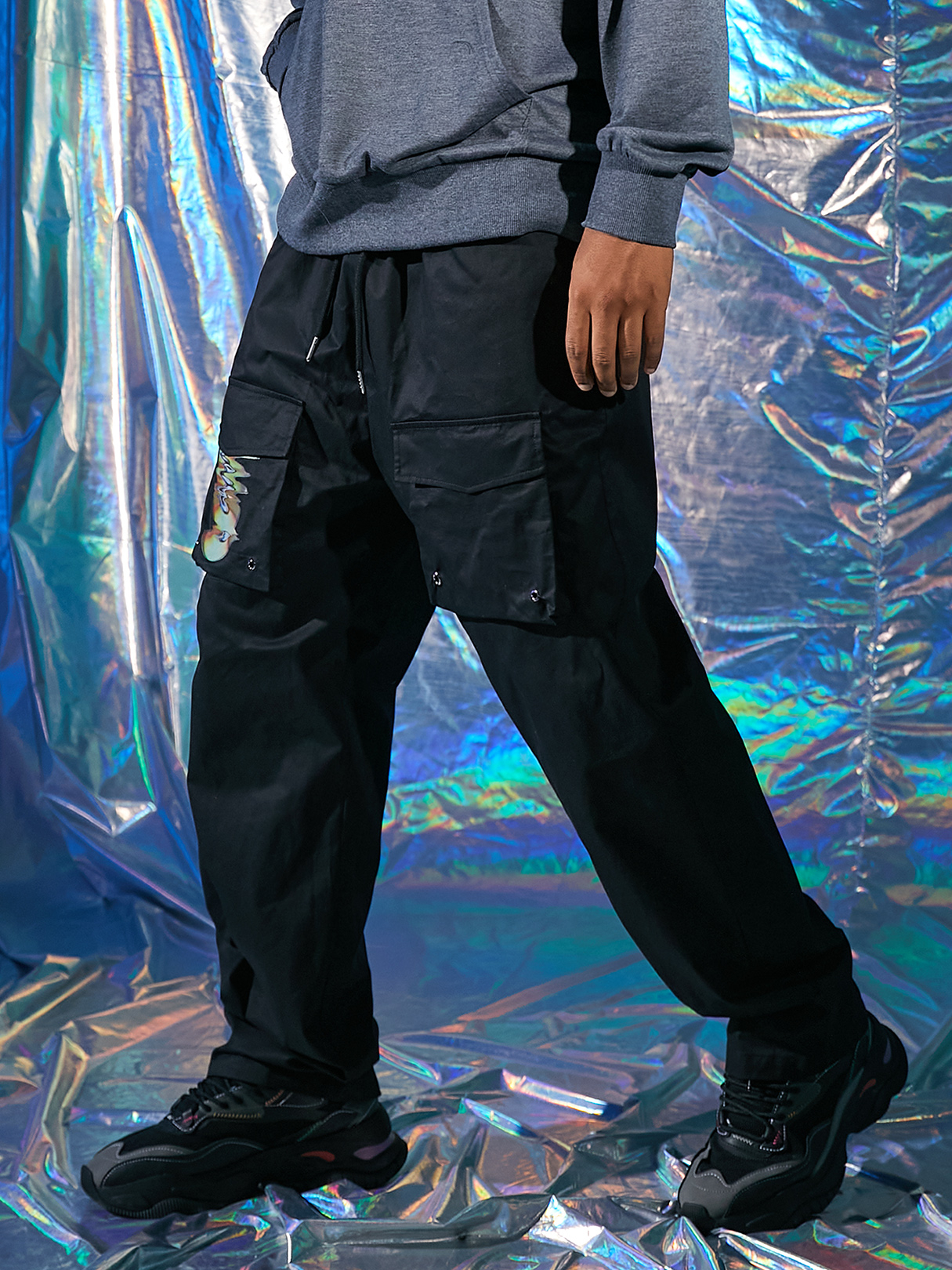 Men Hip Hop Digital Distortion 100% Cotton Letter Print Drawstring Cargo Pants