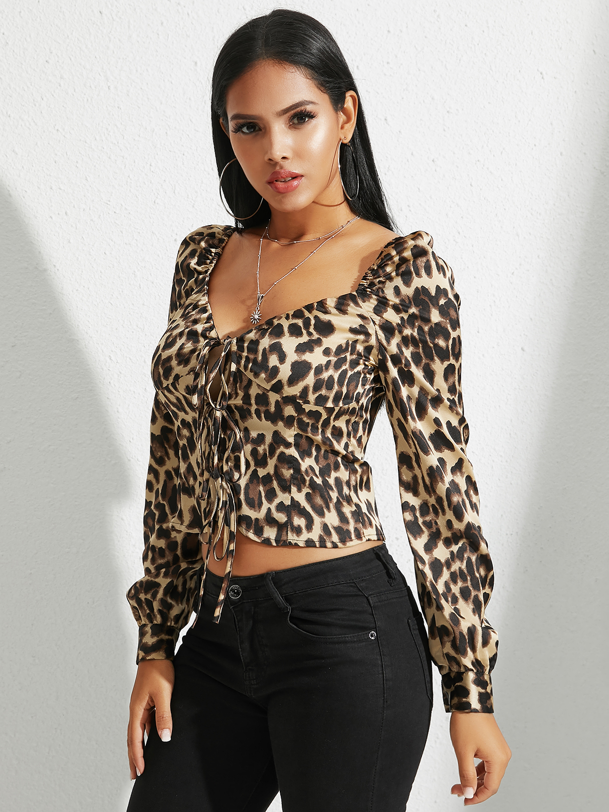 YOINS Lace Up Leopard Square Neck Long Sleeves Top