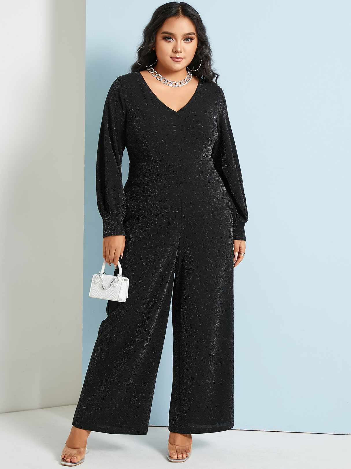 YOINS Plus Size V-neck Side Pockets Long Sleeves Jumpsuit