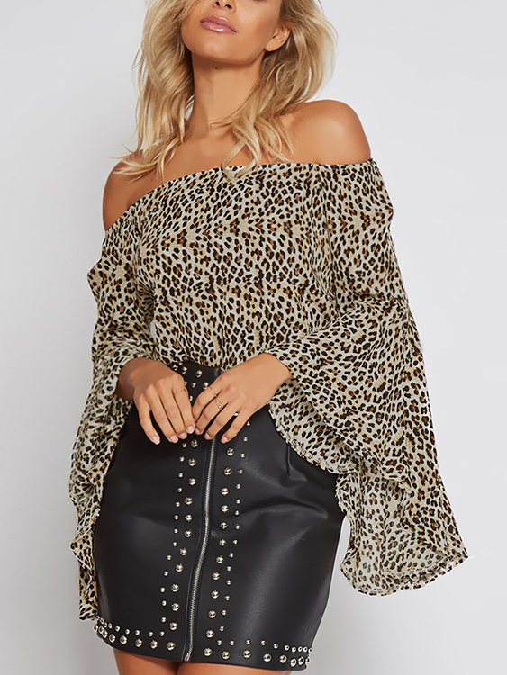 Leopard Print Elastics Off-The-Shoulder Bell Sleeves Top