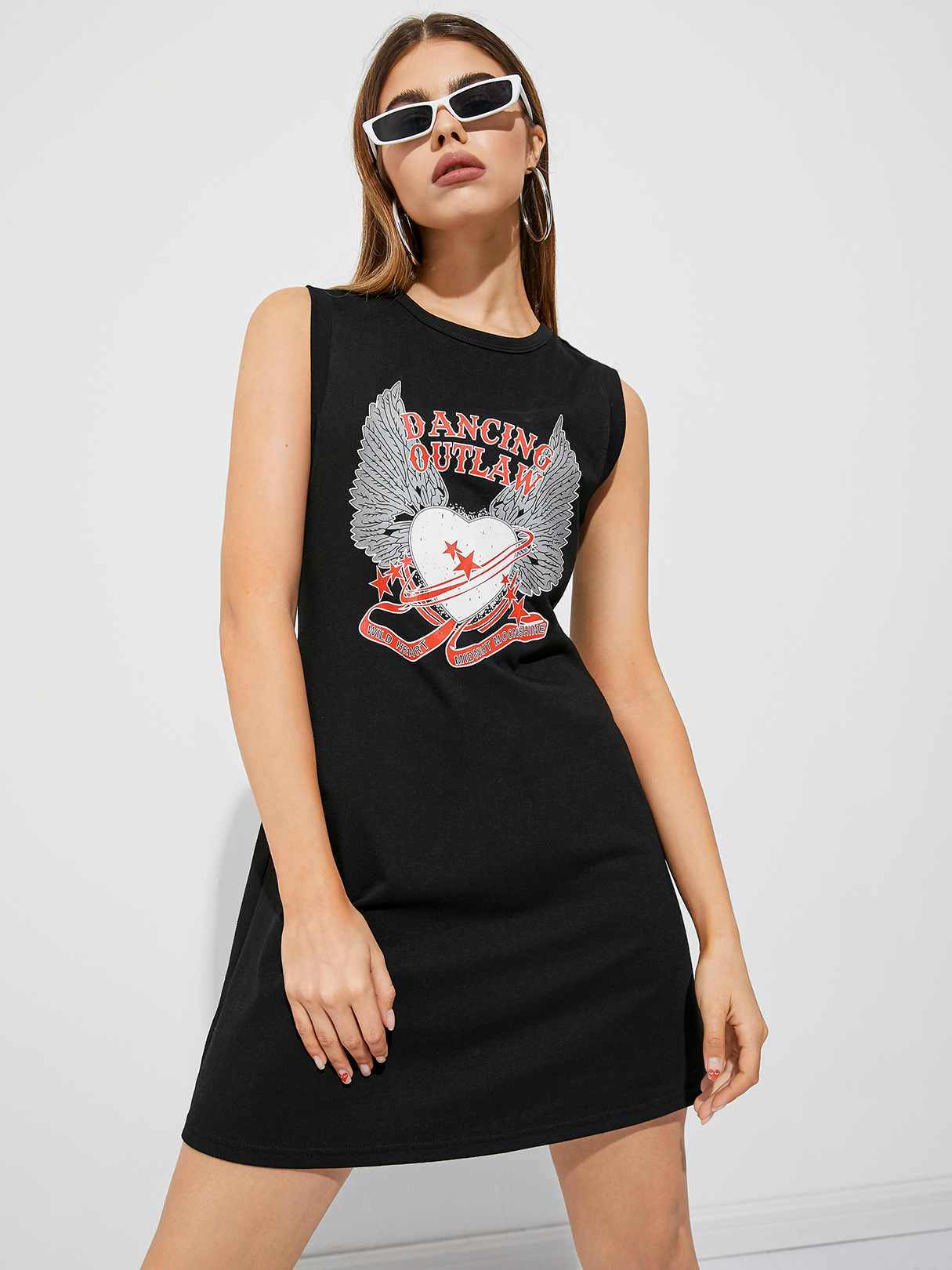 YOINS Black Crew Neck Graphic Sleeveless Mini Dress