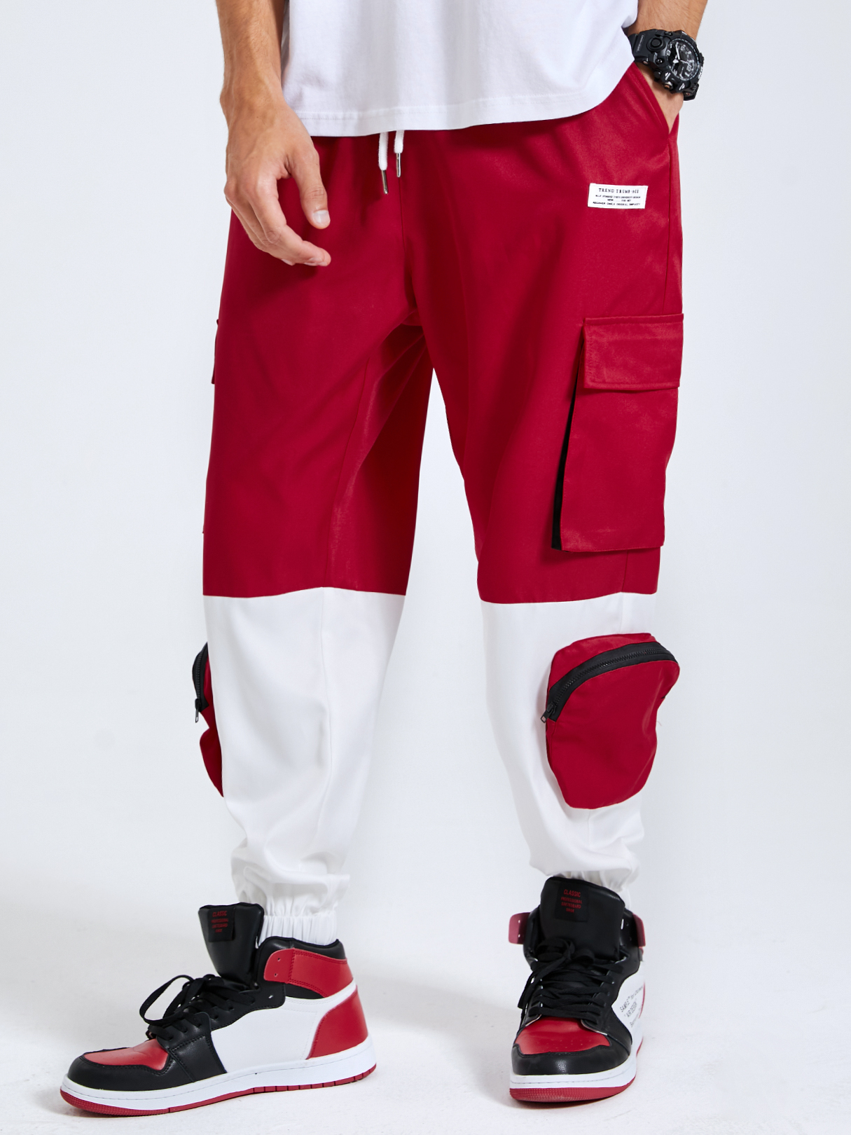 Men Street Style Color Block Zip Pockets Drawstring Cargo Pants