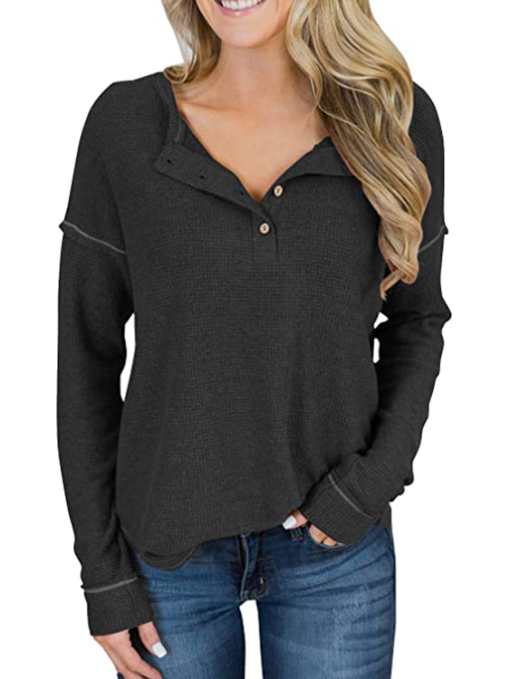 YOINS Button Front Design Round Neck Long Sleeves Knit Top