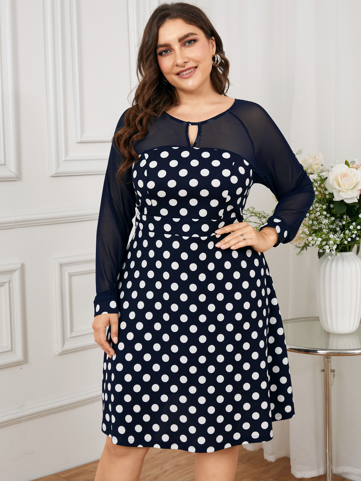 YOINS Plus Size Round Neck Polka Dot Mesh Patchwork Dress