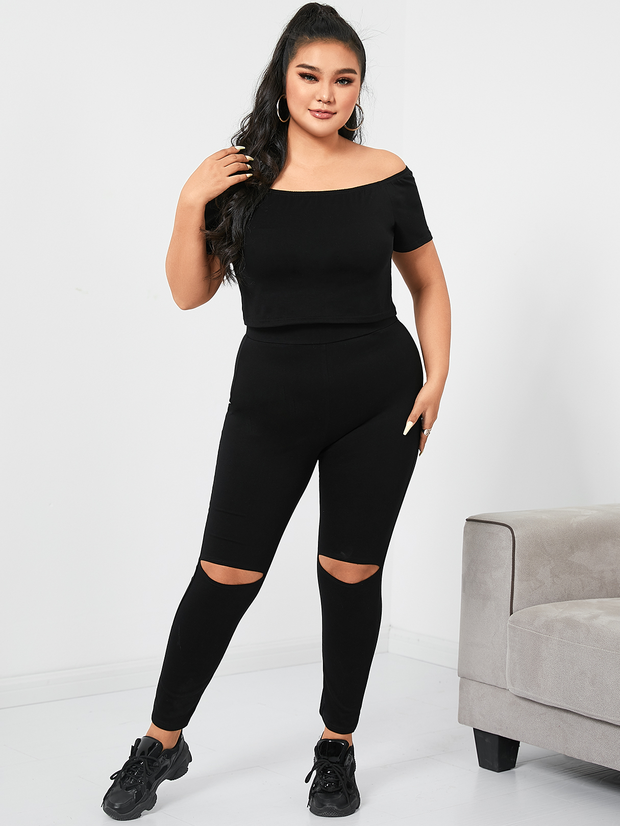 YOINS BASICS Plus Size Off The Shoulder Short Sleeves Two Piece Outfit