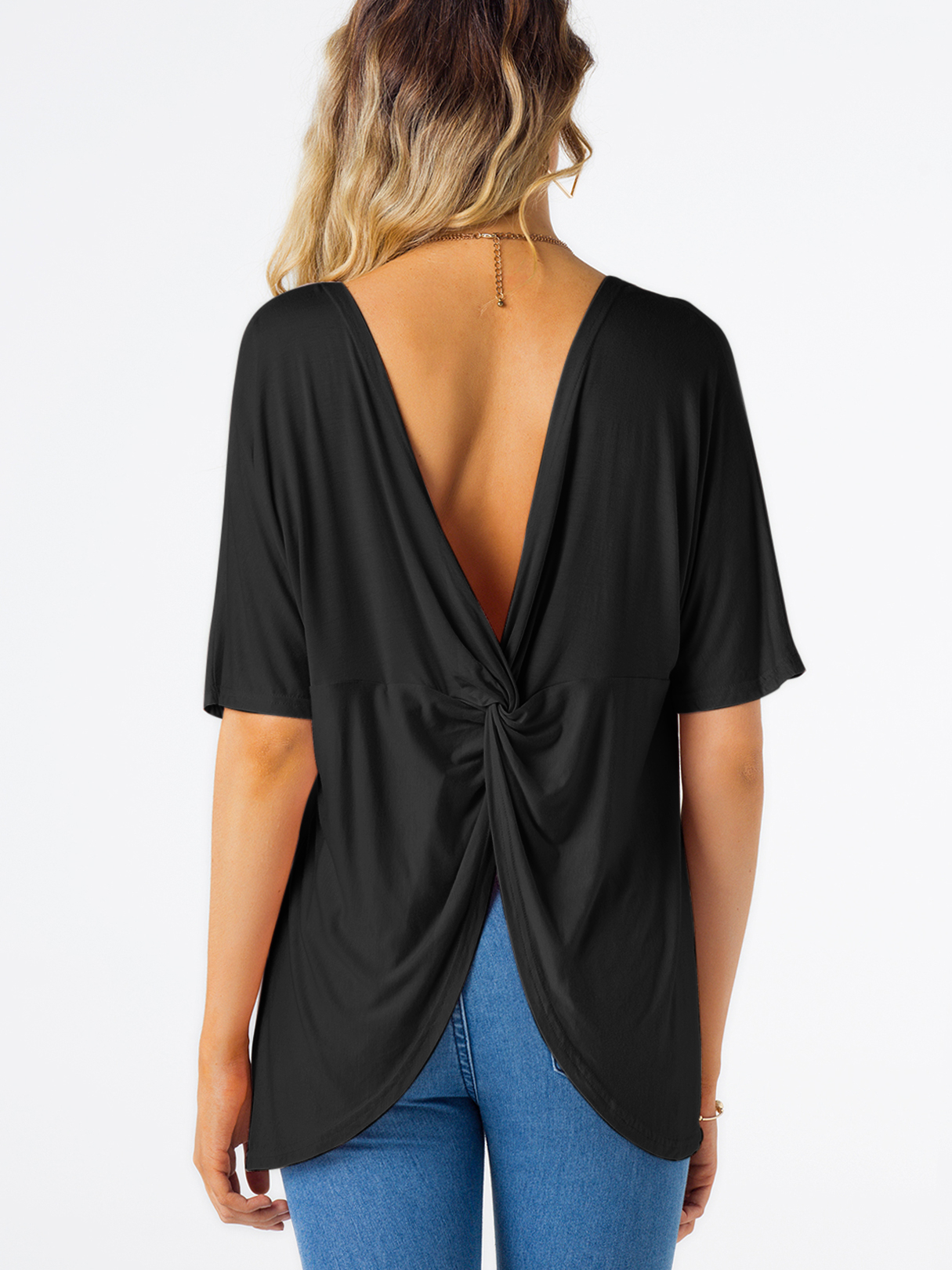 Black Backless Slit Design Plain Round Neck Short Sleeves T-shirt