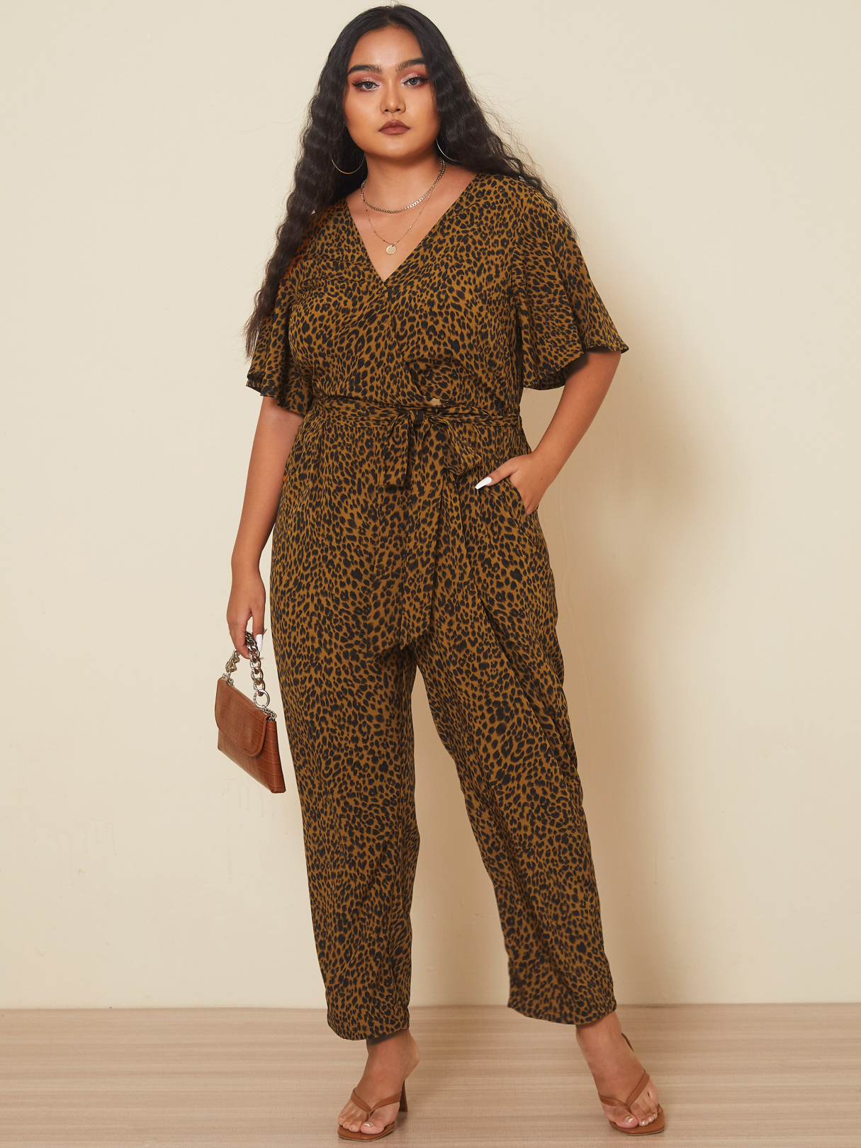 YOINS Plus Size V-neck Leopard Wrap Design Jumpsuit