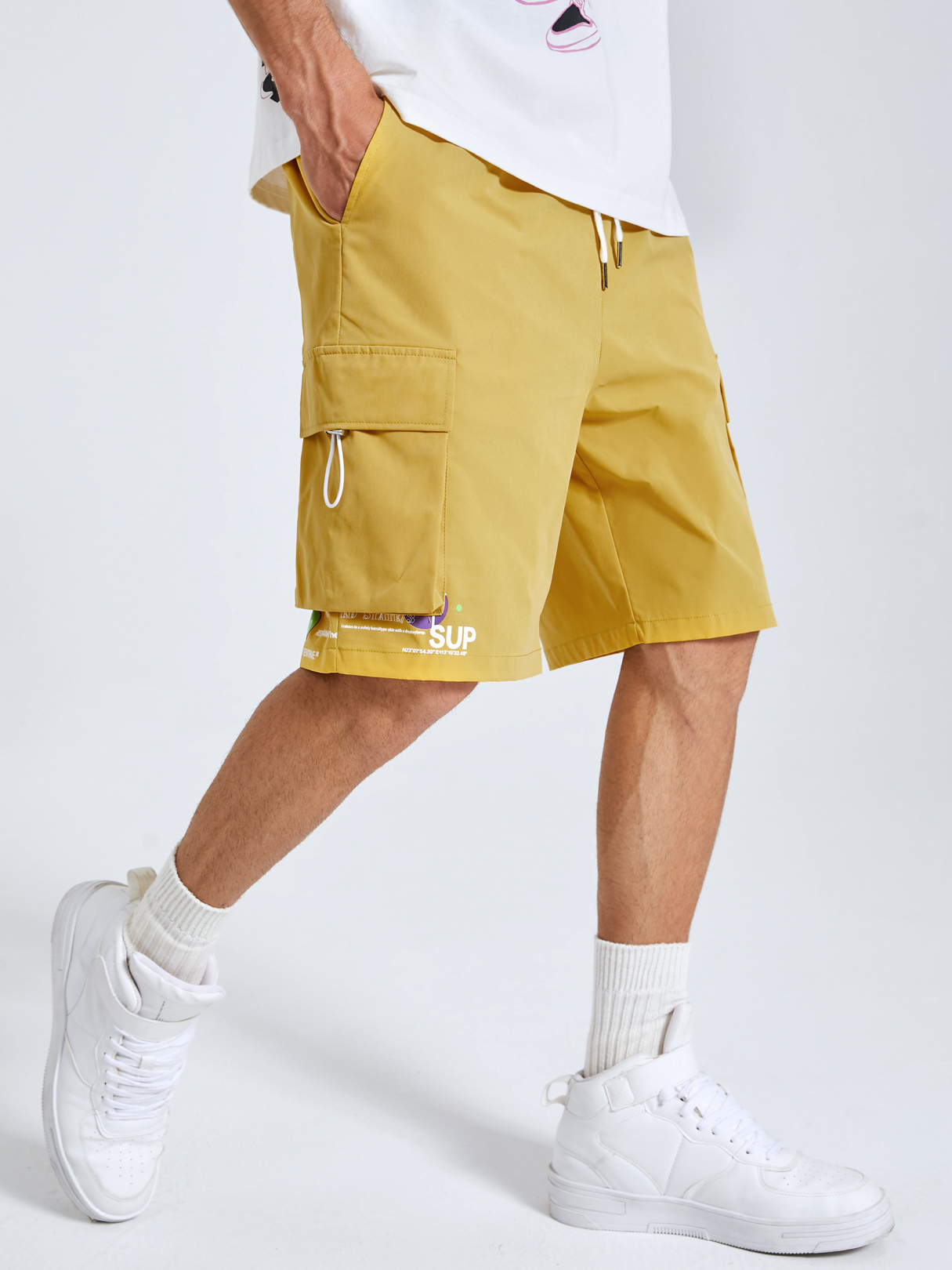 Men Fashion Plain Multi Pockets Drawstring Elastic Waist Cargo Shorts