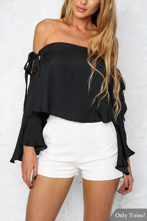 Black Off-shoulder Tie Side Lantern Sleeves Sexy Style Top With Asymmetrical Hem