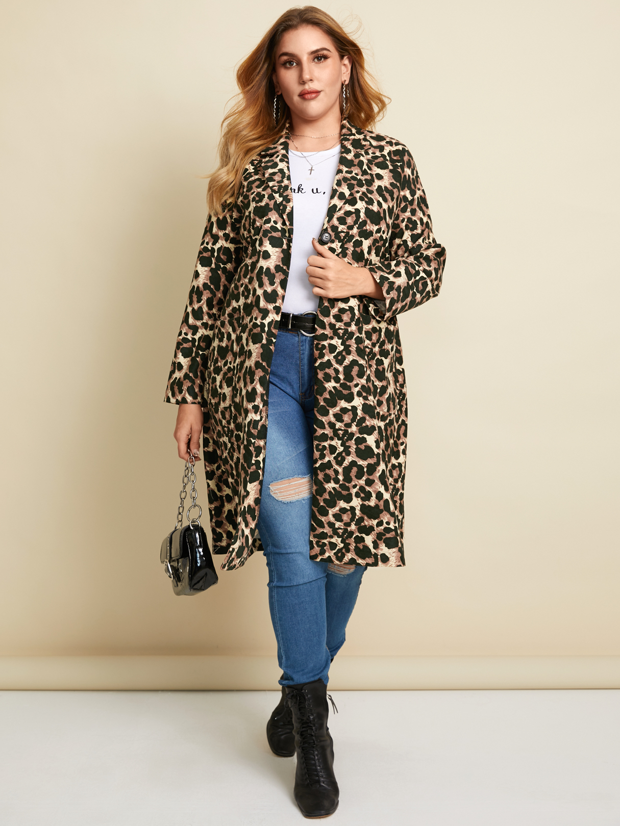 YOINS Plus Size Notch Collar Leopard Side Pockets Long Sleeves Coat