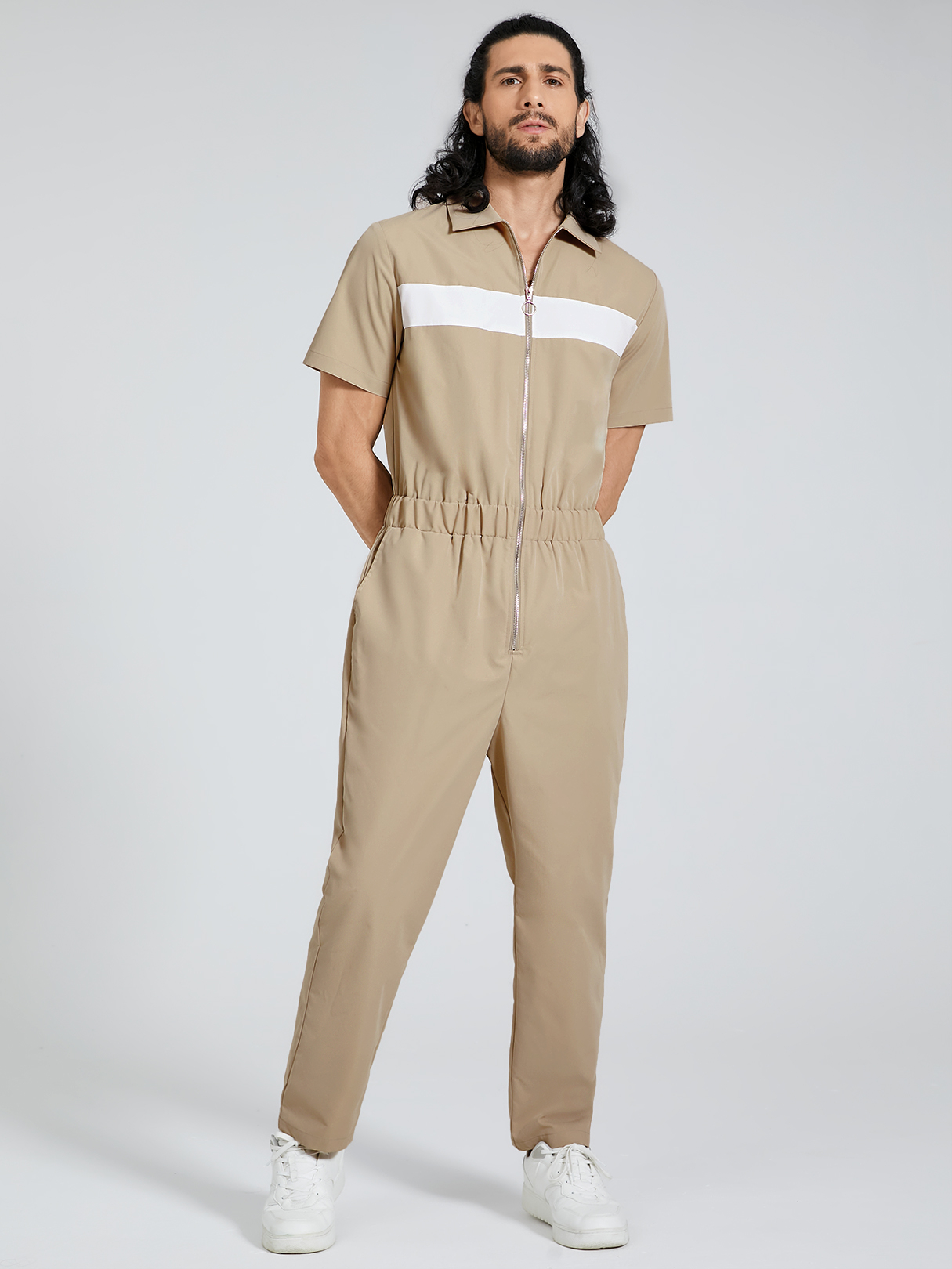 Men Casual Color Block Print Short Sleeve Overalls Jumpsuit