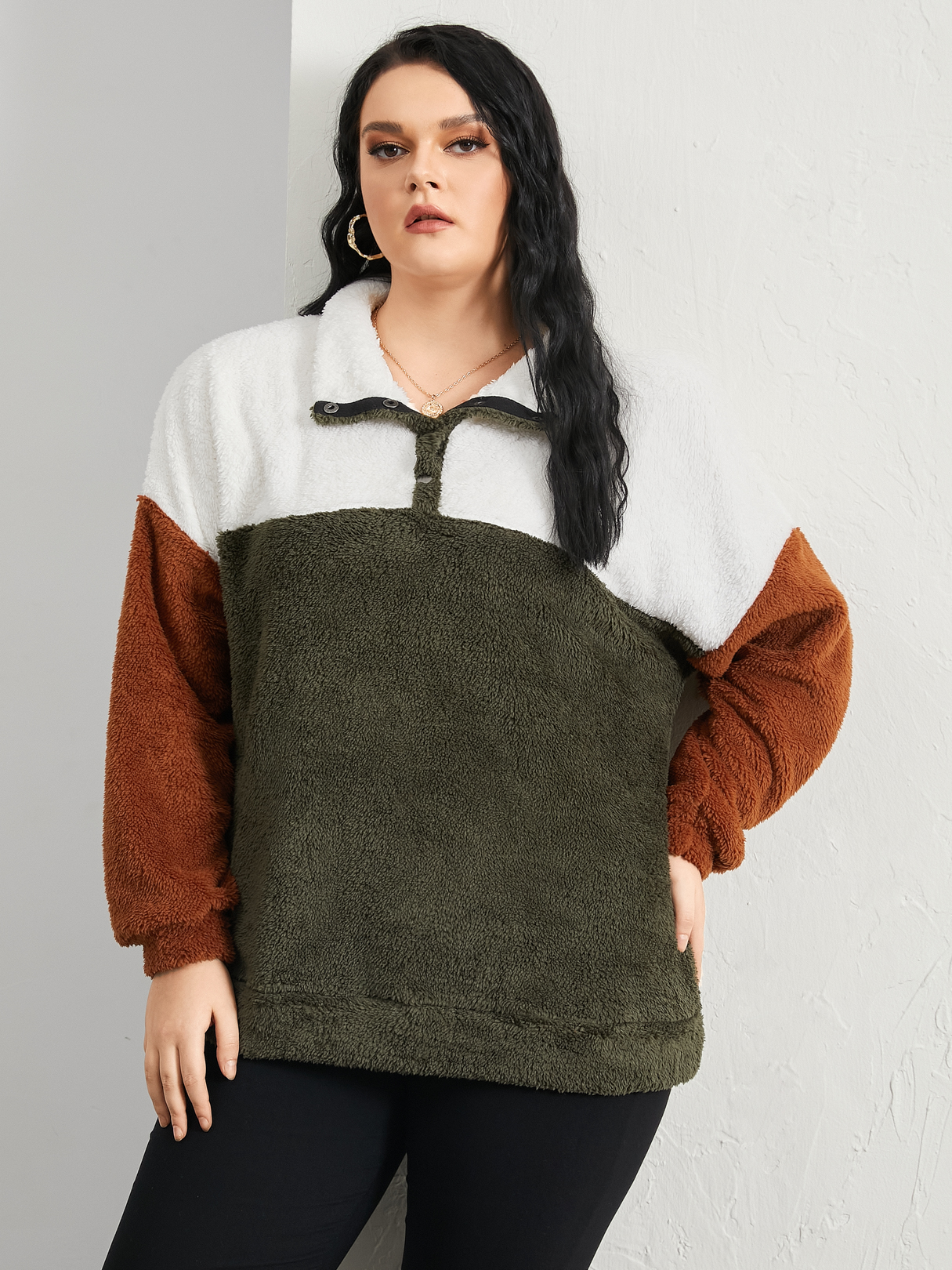 YOINS Plus Size Color Block Button Design Patchwork Sweatshirt