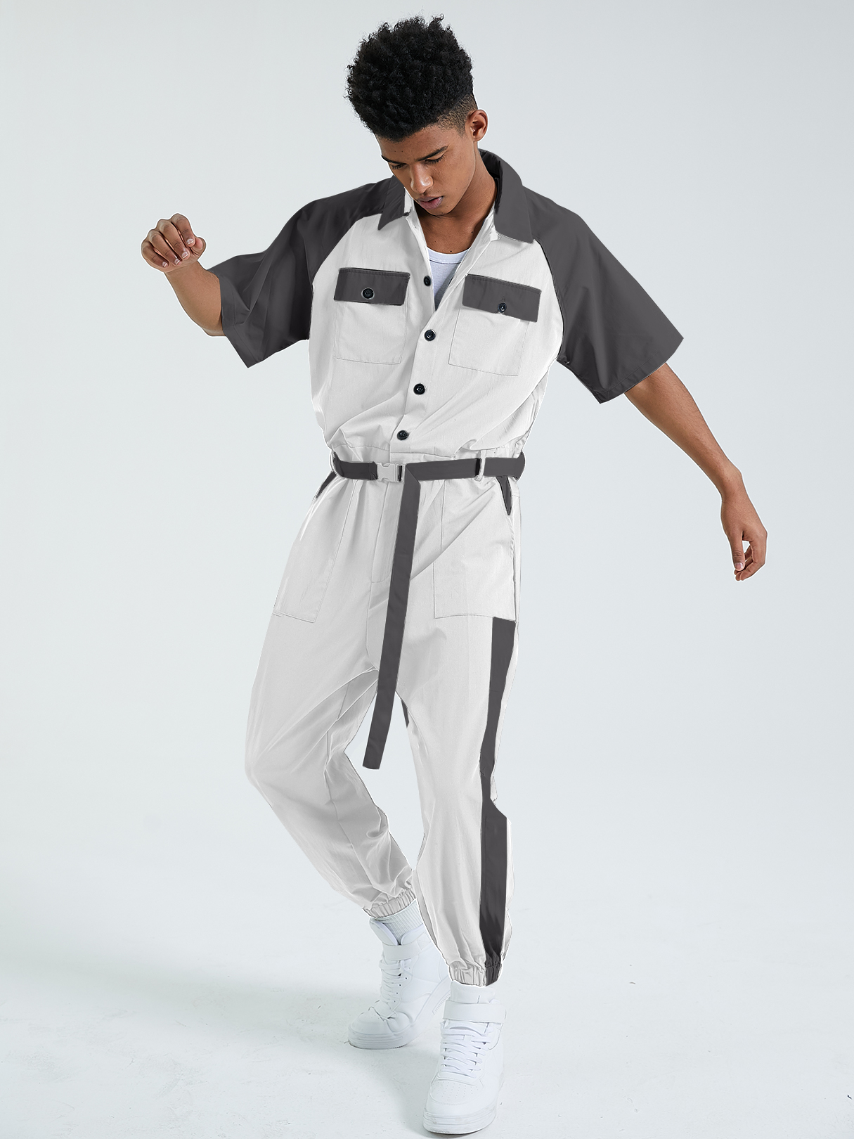 Men Summer Casual Cotton Patchwork Button Fly Belted Multi-pocket Overalls Jumpsuit