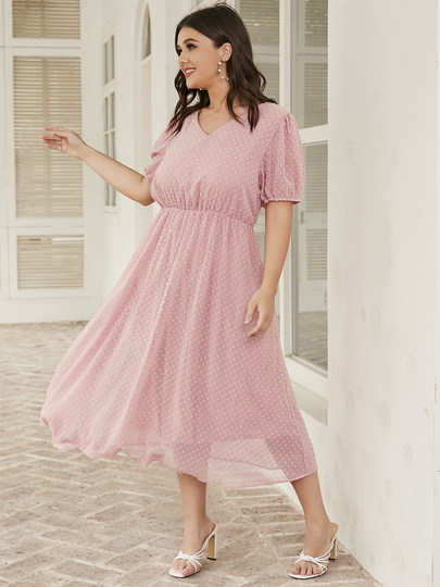 Plus Size Pink V-neck Elastic Strap Short Sleeves Maxi Dress