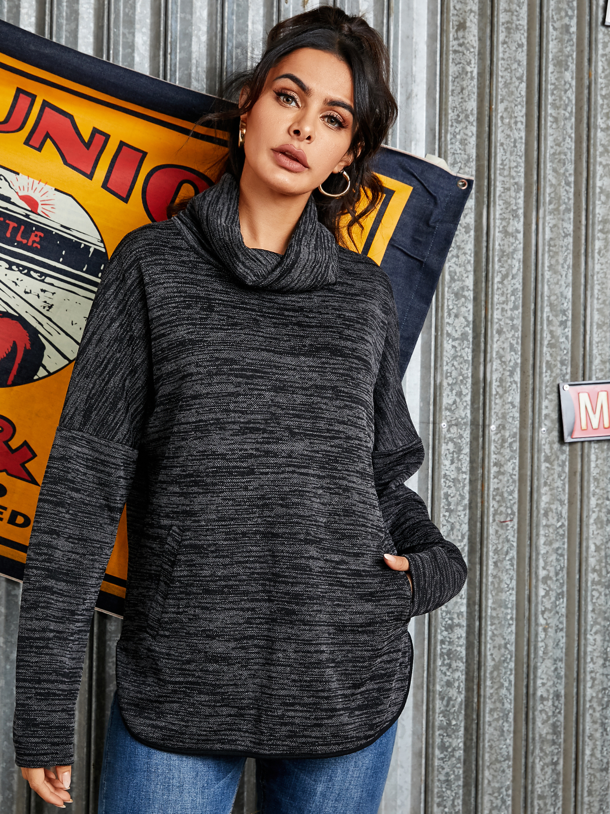 YOINS Black Pocket Design High Neck Long Sleeves Sweatshirt